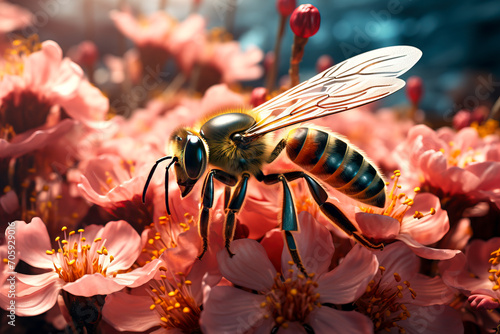 Honeybee Pollinating Spring Blossoms Macro Shot created with Generative AI technology
