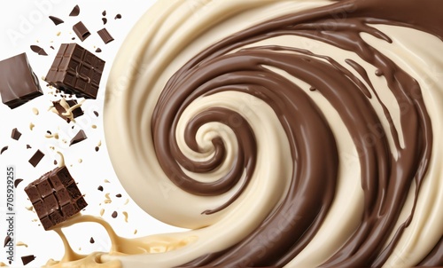 Dark chocolate bar icon with milk and chocolate cream splash, 3d illustration.