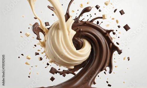 Dark chocolate bar icon with milk and chocolate cream splash, 3d illustration.