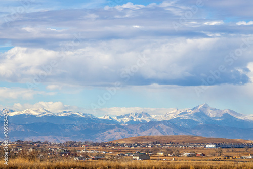 Colorado Living. Loveland, Colorado - Denver Metro Area Residential Winter Panorama with the view of Front Range mountains in the distance