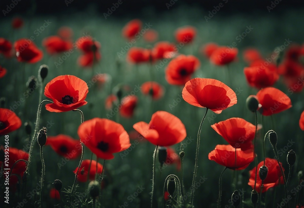 Fototapeta premium Beautiful red poppies on black background Remembrance Day Armistice Day symbol