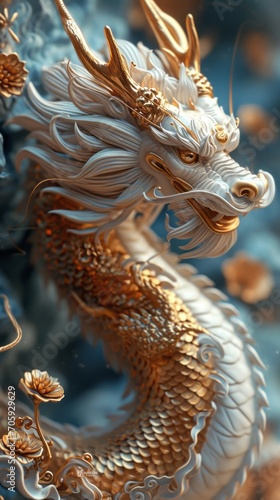 Walls, bas-reliefs, Chinese dragon, gold accents on blue background, surreal 3D