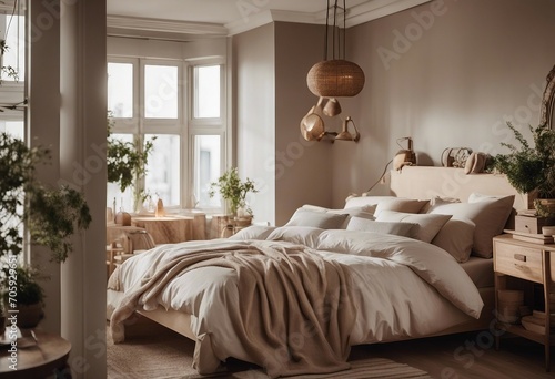 Cozy bedroom interior with big double bed beige bedding plaid wooden furniture decoration in small team
