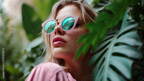Fashionable Woman in Pink Sunglasses Amongst Tropical Leaves