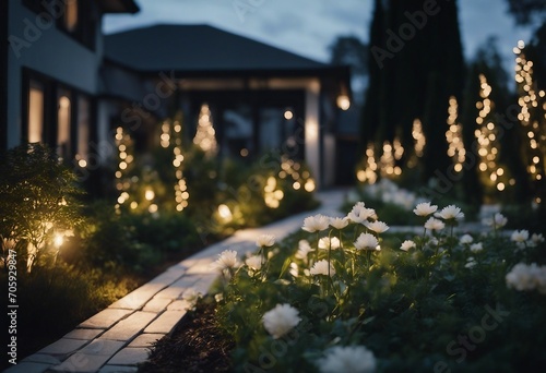 Modern gardening design Pathway in front of residential house with decoration lights photo