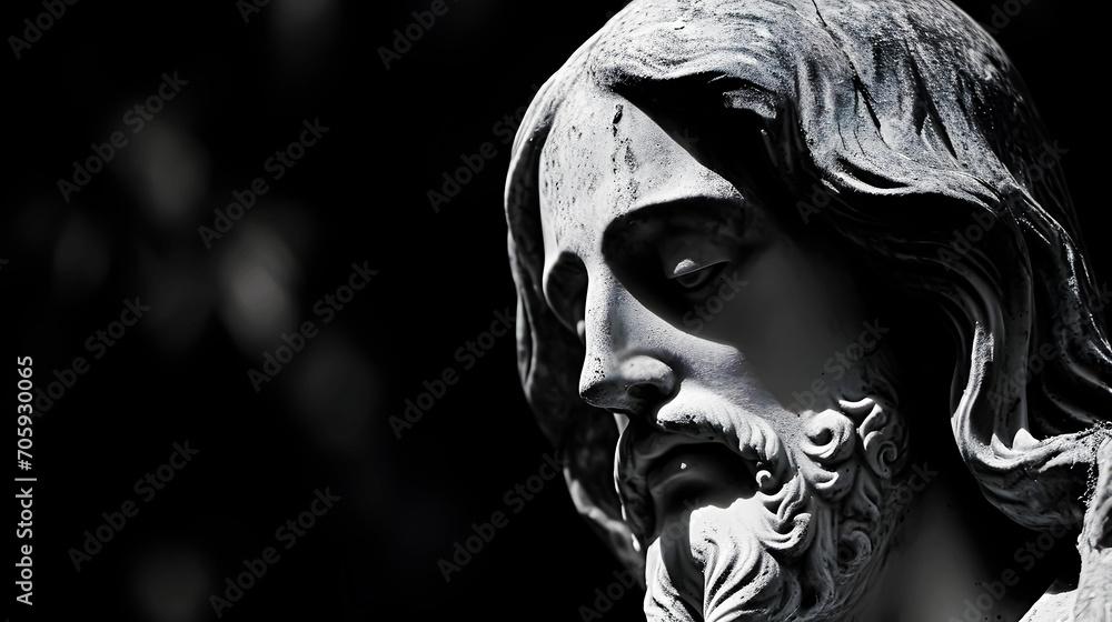 Black and white photo of a statue of Jesus of Nazareth, Christian Easter, Holy Week. Space for text