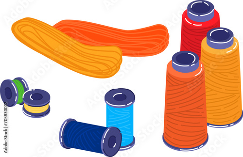 Colorful sewing threads and bobbins on white. Crafting, tailoring and fashion concept vector illustration.