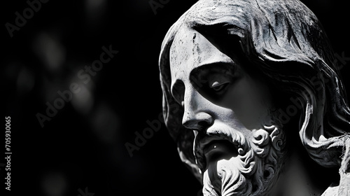 Black and white photo of a statue of Jesus of Nazareth  Christian Easter  Holy Week. Space for text