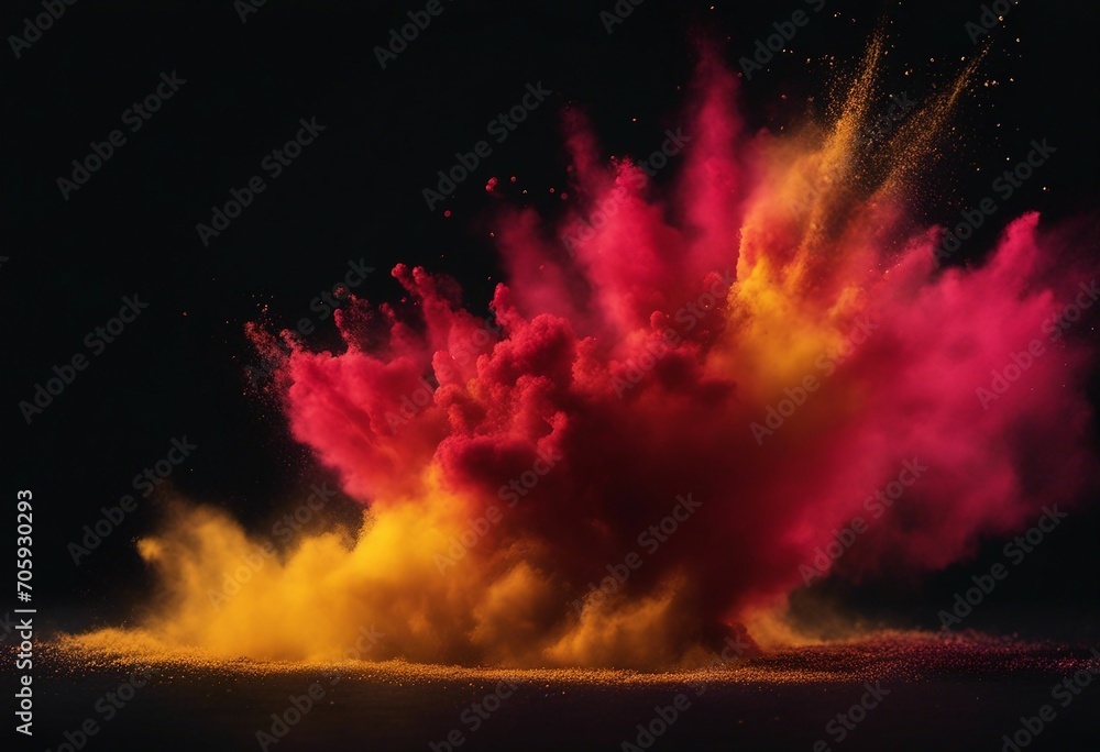 Red and yellow colored powder explosions on black background Holi paint powder splash