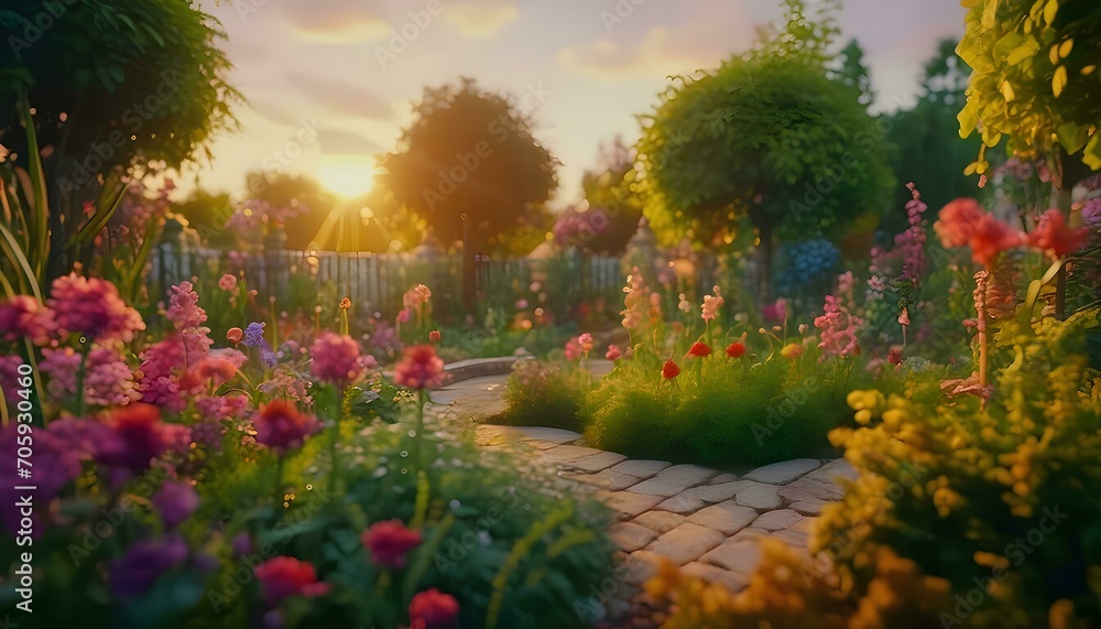 a close up of a magical garden, bathed by sunset, colorful and rich details, generative AI