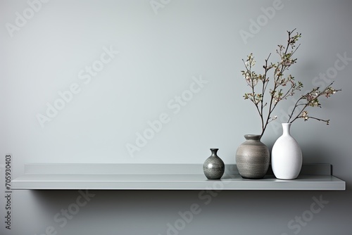 Clean and modern setting featuring an empty white shelf on a monochromatic grey wall, ideal for product mock up display