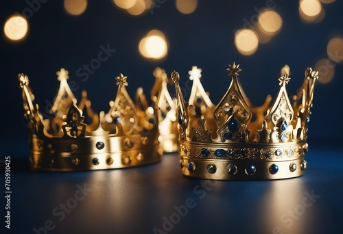 Three shiny golden crowns on navy blue background with blurred lights Kings Day or Epiphany Day holiday celebration