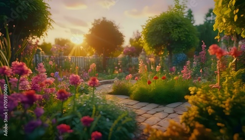 a close up of a magical garden  bathed by sunset  colorful and rich details  generative AI