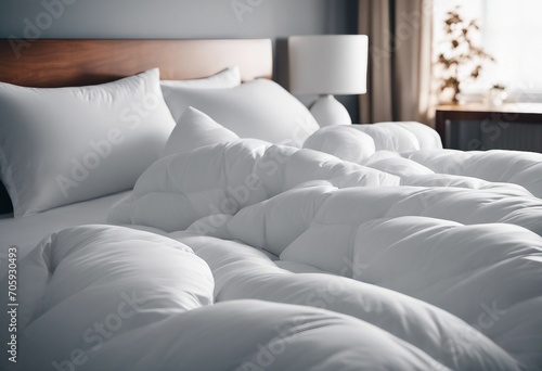 White sheet and white pillows lying on the bed in a luxury bedroom