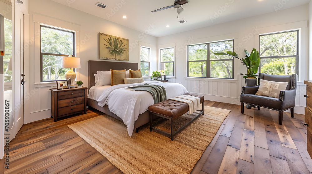 Naklejka premium Farmhouse interior design of modern bedroom with hardwood floor