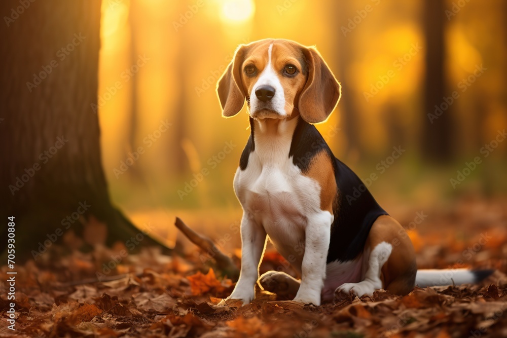 Young beagle dog in autumn park
