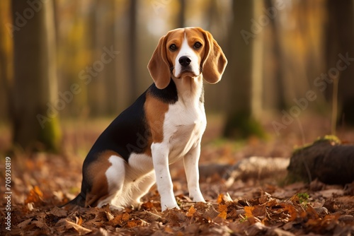 Young beagle dog in autumn park