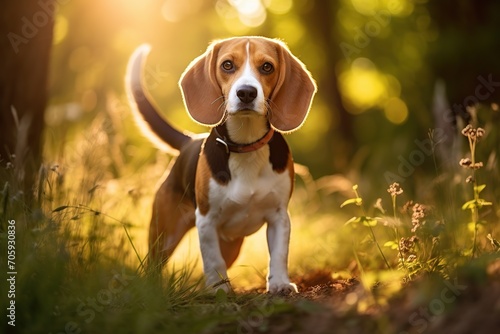 Young beagle dog on green grass in the park © Alina