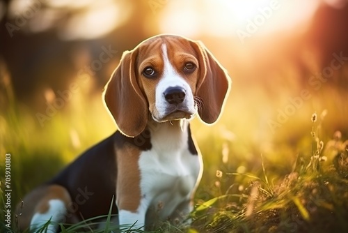 Young beagle dog on green grass in the park