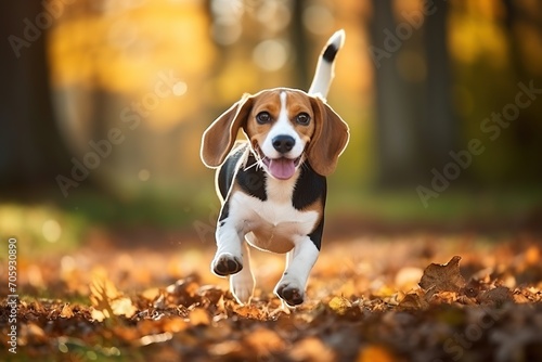 Young beagle dog running in autumn park © Alina