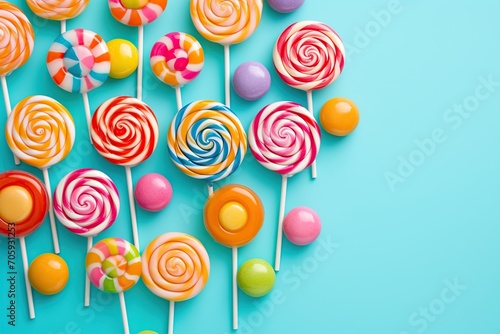 Colorful rainbow lollipops and candies on blue background