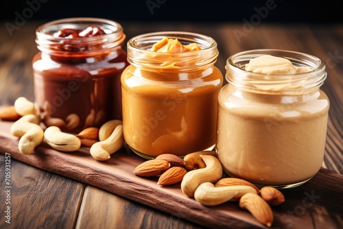 Glass jars of hazelnut, cashew and almonds butter on wooden background