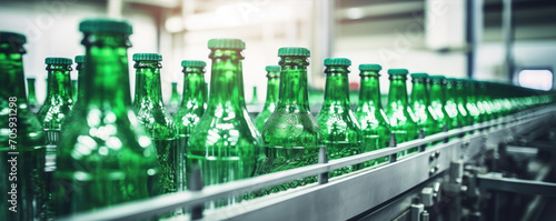 Bottling beverages in factory conveyor. Bottles production in row.