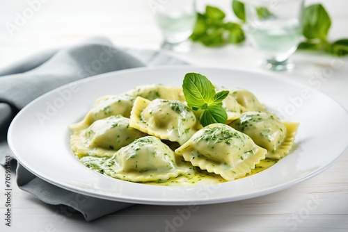 Italian ravioli pasta with spinach on wooden background