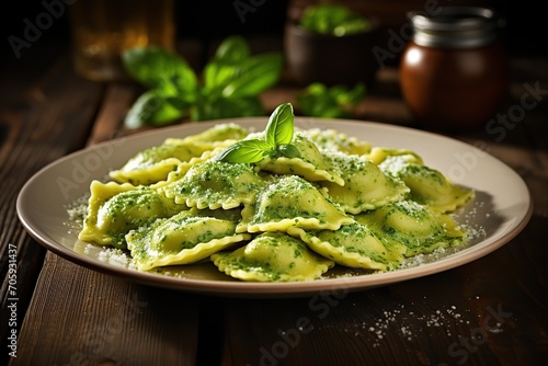 Italian ravioli pasta with spinach on wooden background