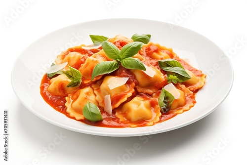 Italian ravioli pasta with tomato sauce on white background