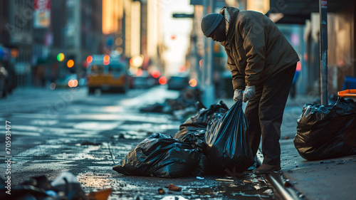 A worker collects garbage bags on the street