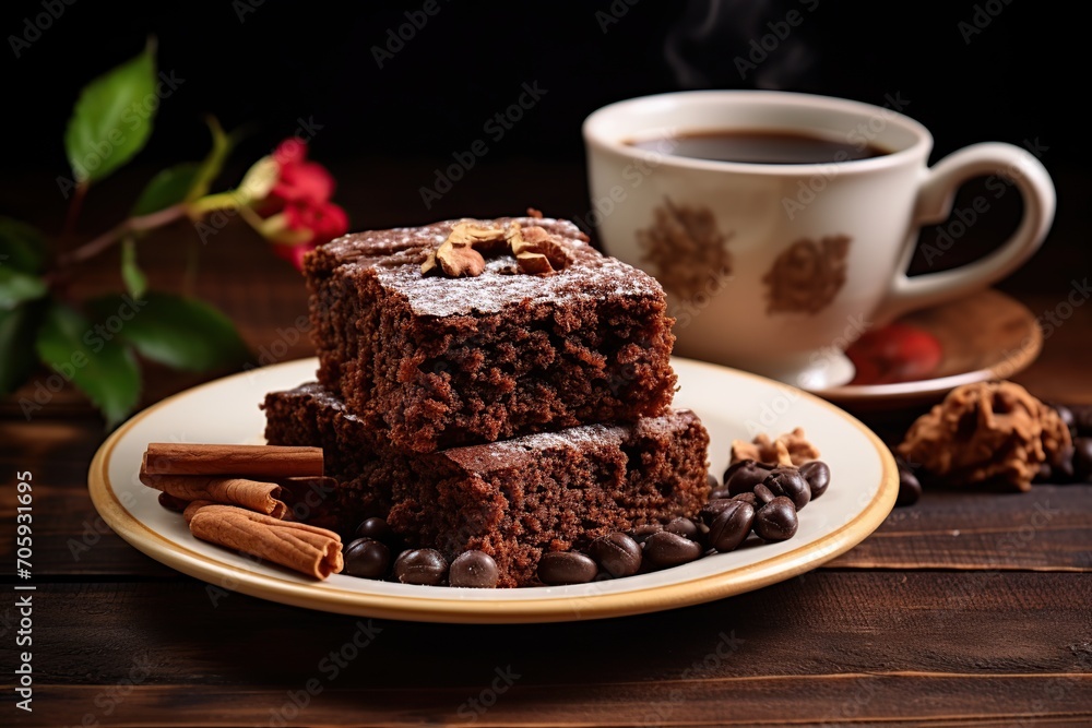 Chocolate brownie with cup of coffee on wooden background Chocolate brownie with cup of coffee on wooden background