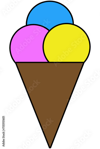 Three flavors ice cream cone icon on transparent background