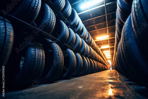 A tire shop photo, showing many tires stacked, with bright light. A clear picture of a tire with more tires behind it. photo