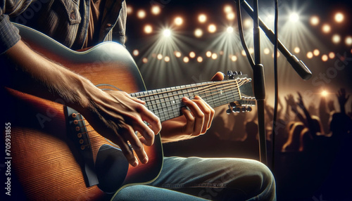 Close-up of a guitarist's hands skillfully playing an acoustic guitar, with concert stage lights and an enthusiastic crowd in the background. photo