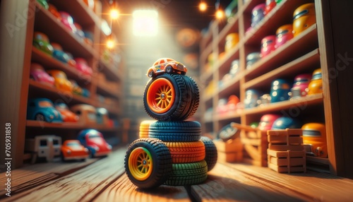 Colorful toy tires lined up, bright light, playful look. The sun shines warmly in the cozy toy store with neat tire rows. photo