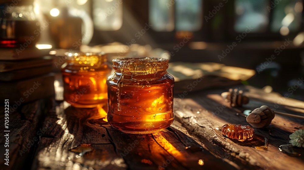 Honey in glass jars on a wooden table. Selective focus.