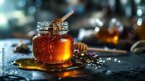 Honey in a glass jar with wooden drizzler and honeycombs on a wooden background © shameem