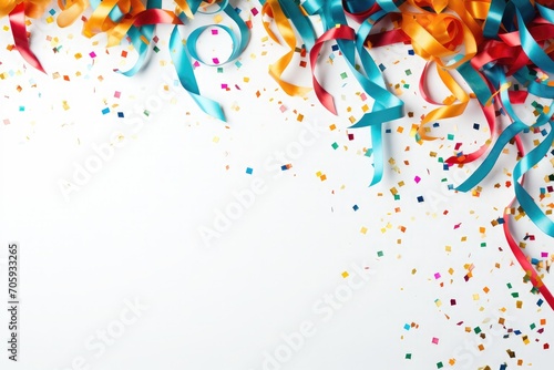 Realistic colorful confetti, rainbow celebration party ribbons confetti on white background