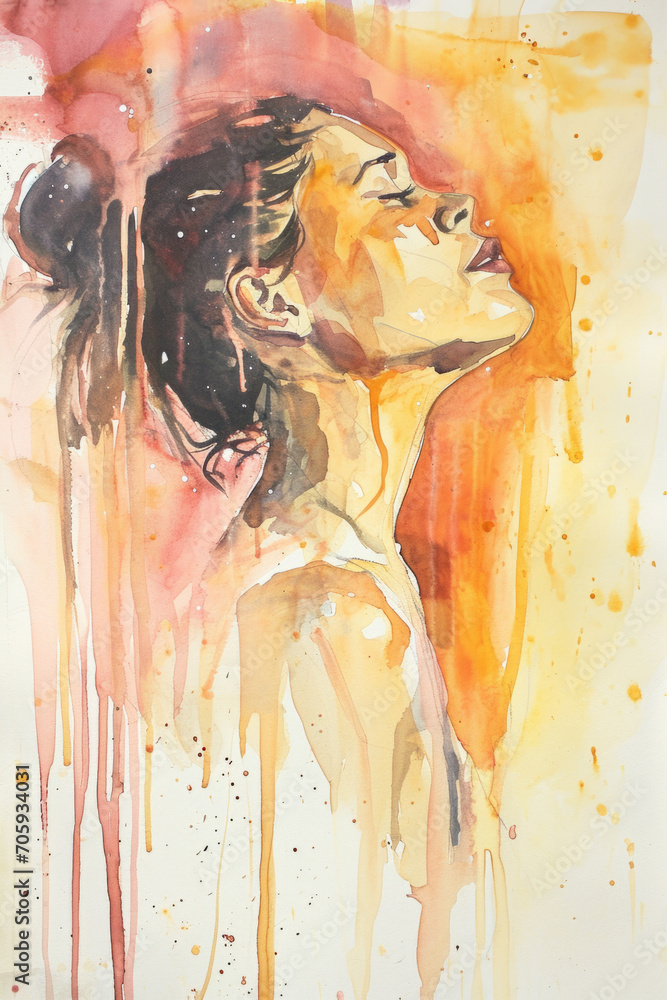 Abstract watercolor portrait of a woman looking up, vibrant orange hues, expressive and emotional art, dripping paint effect.