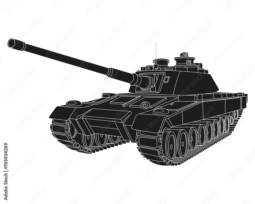 Main battle tank black doodle. Armored fighting vehicle. Special military transport. Detailed PNG illustration.