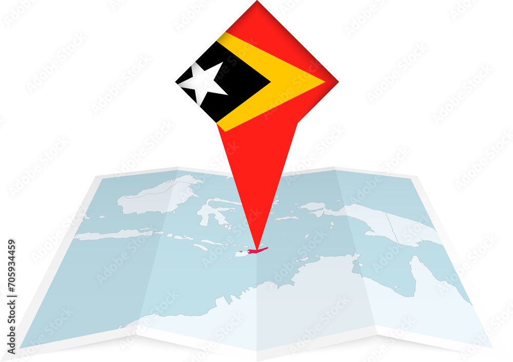 Naklejka premium East Timor pin flag and map on a folded map