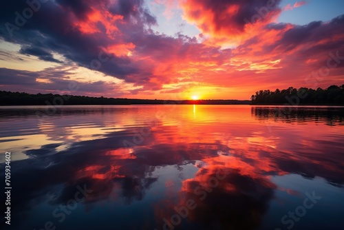 Bright sunset over the lake with beautiful clouds