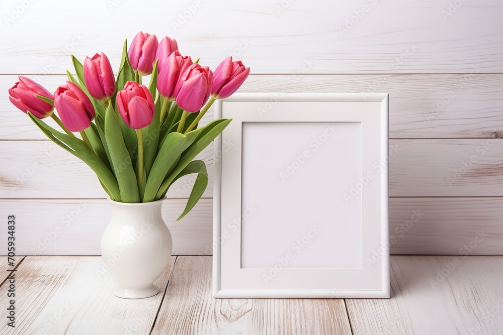 Blank photo frame with bouquet tulip flowers on wooden background Blank photo frame with bouquet tulip flowers on wooden background