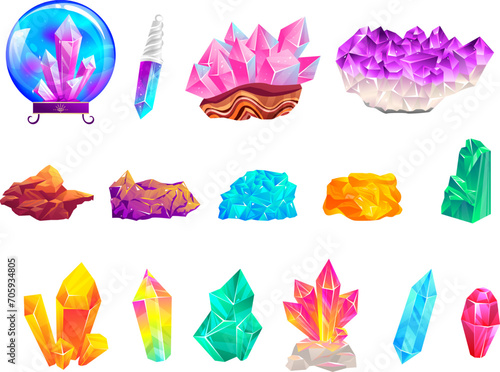 Collection of colorful crystals and gemstones in various shapes. Bright vivid gems, design elements for games or jewelry. Magical crystals, fantasy minerals vector illustration.