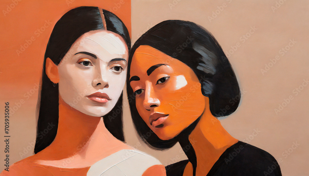 Cubism Portrait of two beautiful women. Abstract wall art. painting in the interior with predominant Peach Color on background. Cubism Portrait of two beautiful women. Abstract wall art. painting in the interior with predominant Peach Color on background.