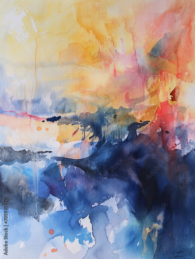 Artistic watercolor abstract background with bright blue and golden shades,