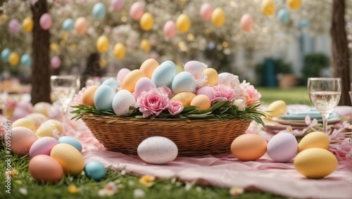 Colorful Easter eggs in a festive basket with flowers