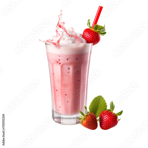 a glass of pink milkshake with strawberries and leaves
