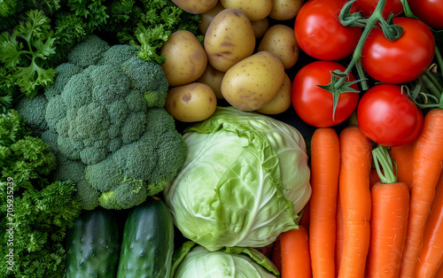 fresh vegetables on the market. different kinds of veggies. carrot, cabbage, salad, potato, cucumber, broccoli. fitness © Lexxx20